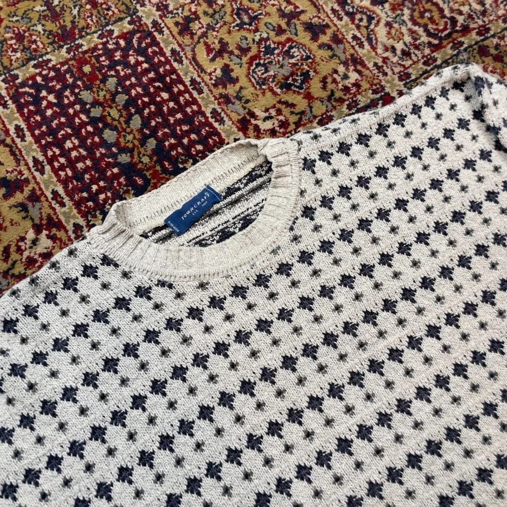 VTG 80s 90s Towncraft Birdseye Pattern Knit Cotton Sweater Cream Navy Blue USA L